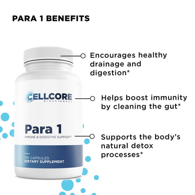 CellCore Biosciences Para 1 bottle front, 120 capsules immune and digestive support supplement with listed health benefits