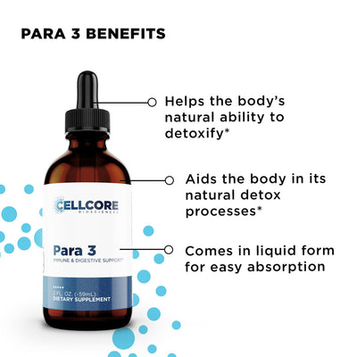 CellCore Biosciences Para 3 liquid immune and digestive support, amber 2 oz dropper bottle with white and blue label and benefits text