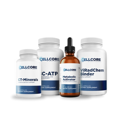 CellCore Biosciences RAD Support Bundle bottles and dropper: CT-Minerals, BC-ATP, Metabolic Activator, ViRadChem Binder