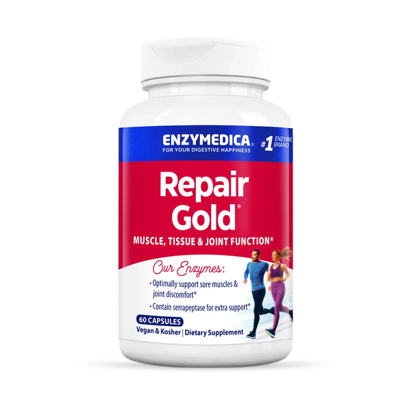 Enzymedica Repair Gold 60 Capsules bottle front, white with red and blue label for muscle, tissue and joint support