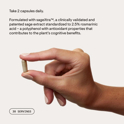 Hand holding a single Thorne Clear Focus capsule with dosage and sageXtra ingredient text in background