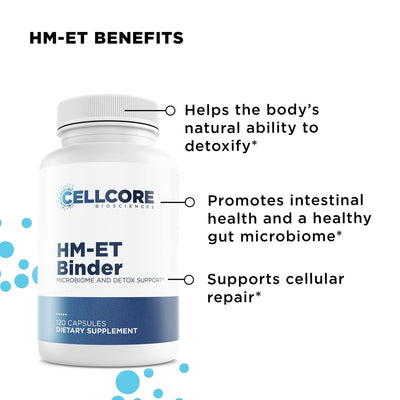 CellCore Biosciences HM-ET Binder bottle front showing detox, gut microbiome, and cellular repair benefits text
