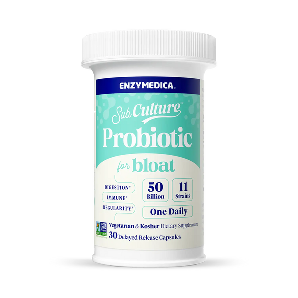 Enzymedica SubCulture Probiotic for Bloat bottle front, white container with teal label, 30 delayed release capsules