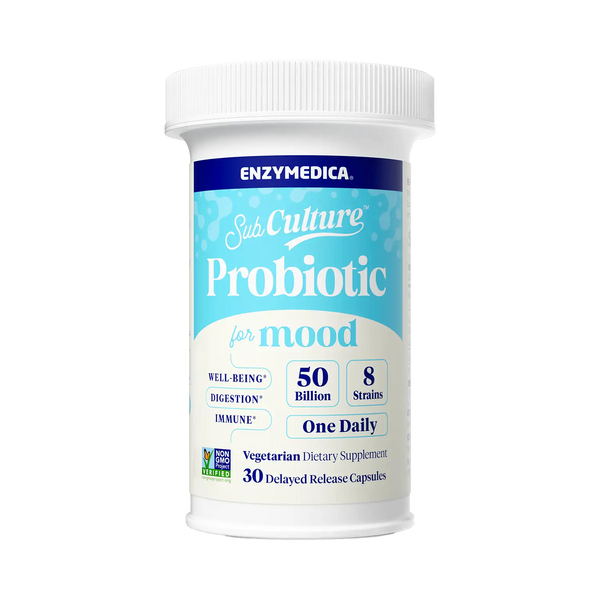 Enzymedica SubCulture Probiotic for Mood bottle front, 30 vegetarian delayed-release capsules, blue and white label