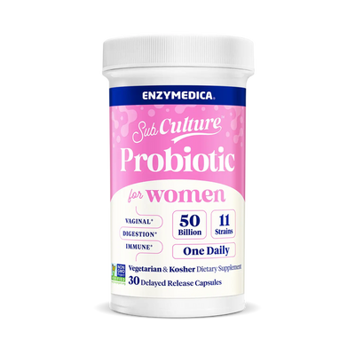 Enzymedica SubCulture Probiotic for Women bottle front, 30 delayed release capsules in pink and white packaging.