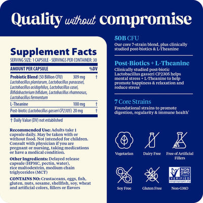 Enzymedica SubCulture Probiotic for Mood 30 capsules supplement facts panel highlighting strains, L-Theanine, and allergen-free icons