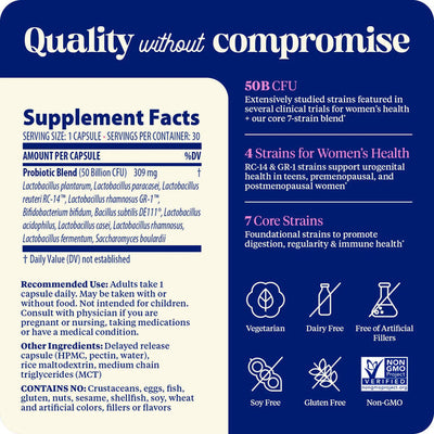Enzymedica SubCulture Probiotic for Women 30 capsules supplement facts label with probiotic blend details and health claims