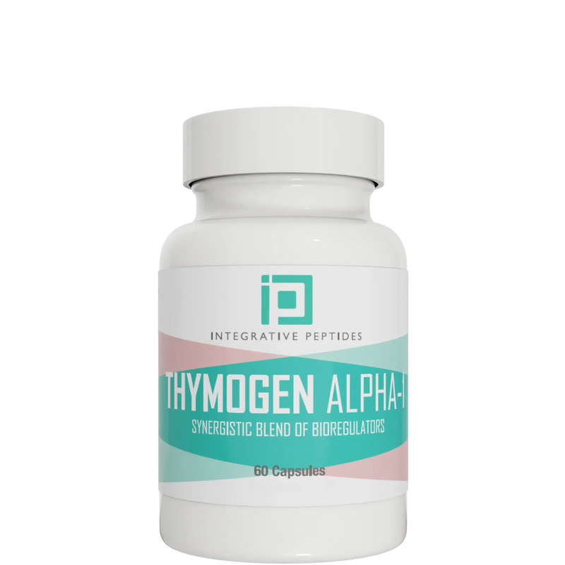 Integrative Peptides Thymogen Alpha-1 60 Capsules bottle with teal, white, and pink front label displayed.