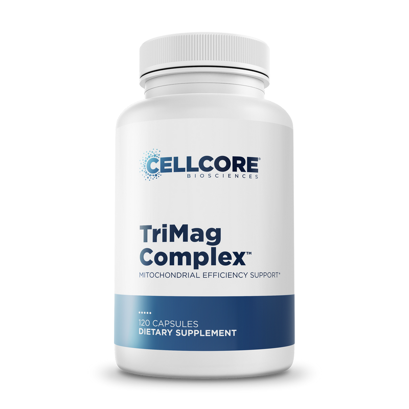 CellCore Biosciences TriMag Complex 120 capsules bottle, white with blue label, front-facing dietary supplement packaging