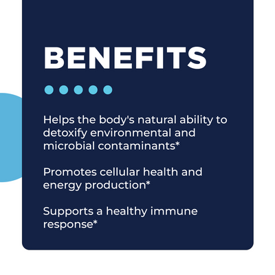 CellCore ViRadChem Binder benefits text on navy background highlighting detox support, cellular health, and immune response