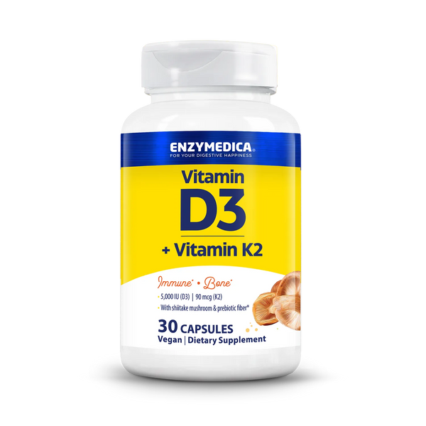 Enzymedica Vitamin D3 + Vitamin K2 30 Capsules bottle front, yellow and white label with shiitake mushroom graphic.