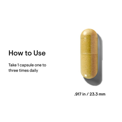 Thorne Stress B-Complex single tan capsule with usage directions and size 0.917 in (23.3 mm) on white background