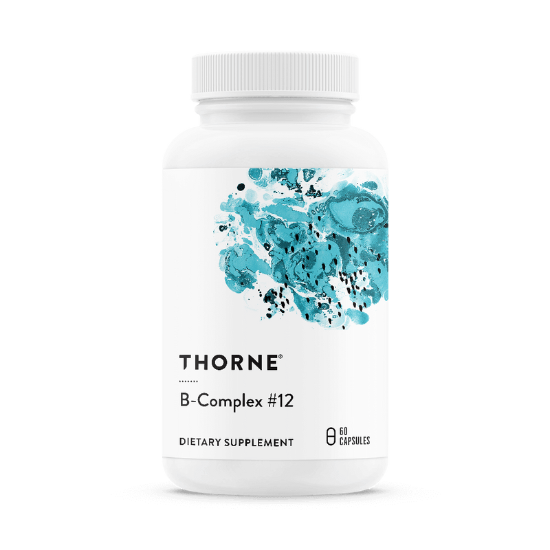 Thorne B-Complex #12 60 capsules bottle front with teal abstract design on a white label