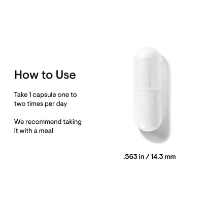 Thorne 5-MTHF 60 Capsules usage guide with a single white capsule and size shown as .563 in / 14.3 mm