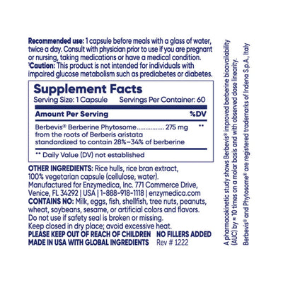 Enzymedica Berberine Phytosome 60 Capsules supplement facts label and ingredients panel on white background