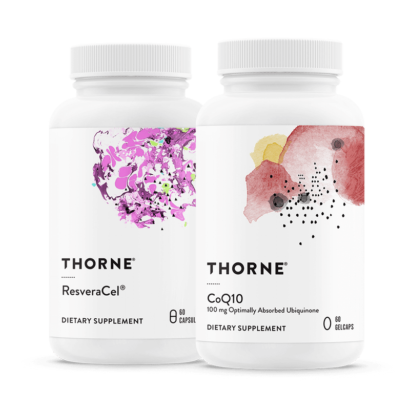 Thorne Healthy Aging Bundle with ResveraCel and CoQ10 bottles, white labels featuring colorful abstract designs