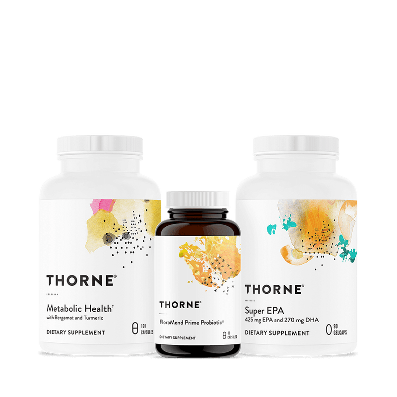 Thorne Weight Management Bundle featuring Metabolic Health, FloraMend Prime Probiotic, and Super EPA supplement bottles