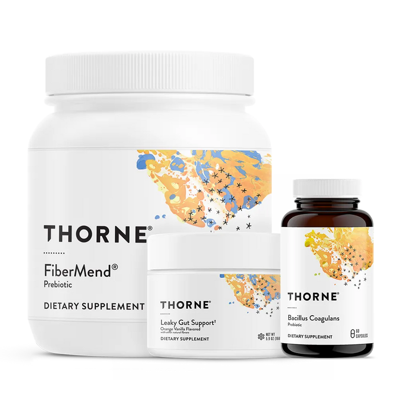 Thorne Gut Health Bundle with FiberMend, Leaky Gut Support, and Bacillus Coagulans supplement bottles and jars front view