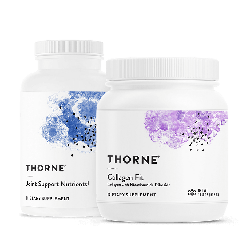Thorne Joint Support Bundle featuring Joint Support Nutrients and Collagen Fit white bottles with blue and purple accents