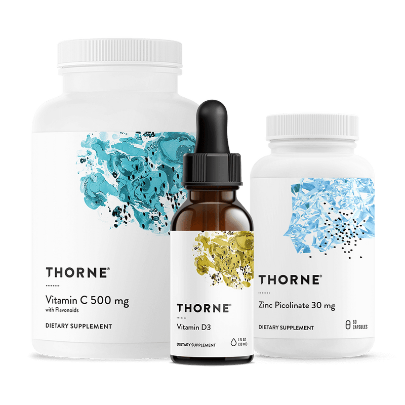 Thorne Immune Support Bundle with Vitamin C 500 mg bottle, Vitamin D3 dropper, and Zinc Picolinate 30 mg capsules