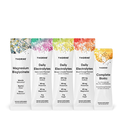 Thorne Travel Stack assorted stick packs showing Magnesium Bisglycinate, Daily Electrolytes flavors, and Complete Biotic sachets.