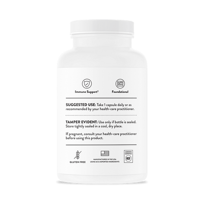 Back label of Thorne Ascorbic Acid Vitamin C 1,000 mg, 60 capsules bottle with usage, safety and gluten-free icons.