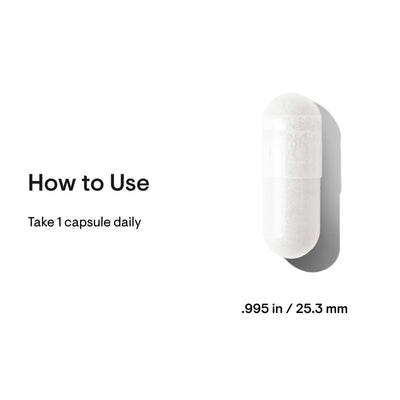 Thorne Ascorbic Acid Vitamin C 1,000 mg white capsule shown with size .995 in / 25.3 mm and “take 1 capsule daily” directions