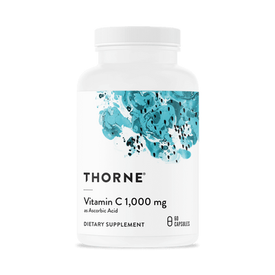 Thorne Ascorbic Acid Vitamin C 1,000 mg, 60 capsules bottle with teal abstract design on a white label