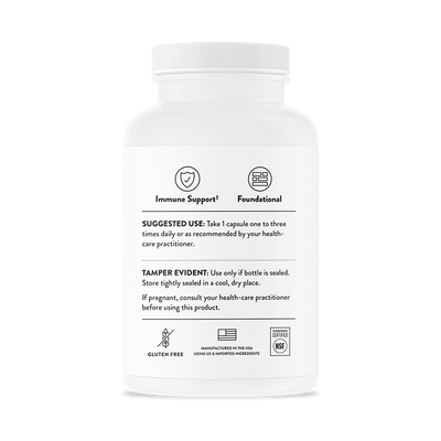 Thorne Vitamin C with Flavonoids 90-capsule bottle back showing usage directions and gluten-free, NSF-certified icons