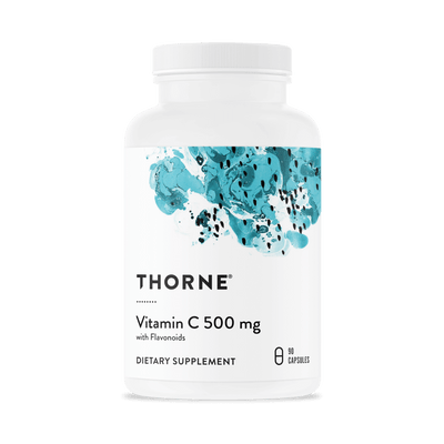Thorne Vitamin C with Flavonoids 500 mg, 90 capsules, in a white bottle with teal abstract artwork on the label