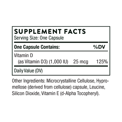 Thorne D-1000 Vitamin D Supplement Facts label showing 1,000 IU D3 per capsule and listed other ingredients