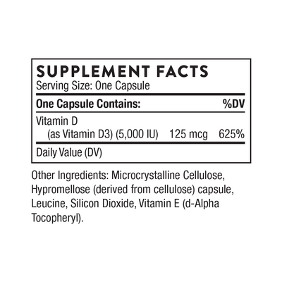 Thorne D-5,000 Vitamin D supplement facts panel showing 5,000 IU (125 mcg) vitamin D3 per capsule and other ingredients.