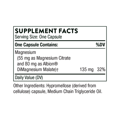 Thorne Magnesium Citramate 90 Capsules supplement facts label showing 135 mg magnesium per capsule and other ingredients