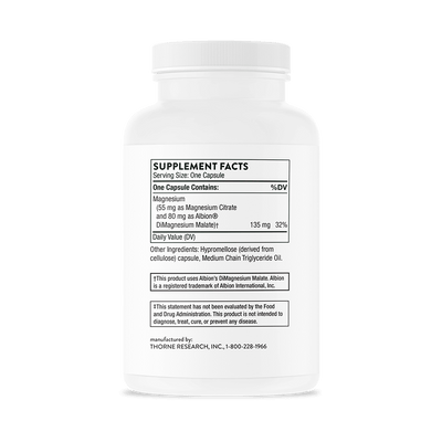Thorne Magnesium Citramate 90 Capsules bottle back showing supplement facts and ingredient label on white packaging
