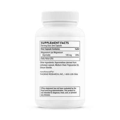 Thorne Magnesium Glycinate 90 Capsules bottle back showing supplement facts label and ingredient details