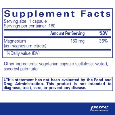 Pure Encapsulations Magnesium Citrate 150 mg – Highly Absorbable Magnesium, 180 Capsules