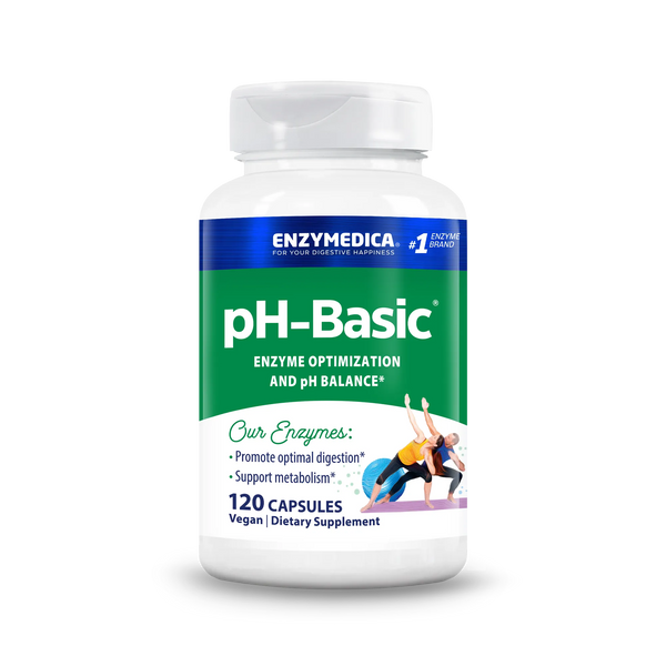 Enzymedica pH-Basic 120 Capsules bottle front, green and white label with enzyme optimization and pH balance claims