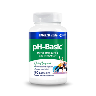 Enzymedica pH-Basic 90 Capsules bottle front, green and white label with enzyme and pH balance claims and yoga graphic