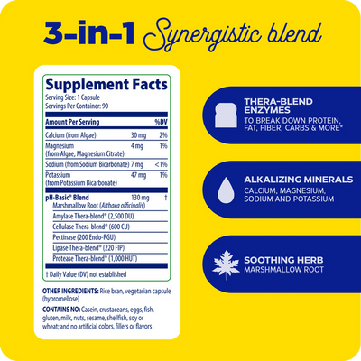 Enzymedica pH-Basic 90 Capsules supplement facts panel highlighting enzymes, alkalizing minerals, and marshmallow root blend