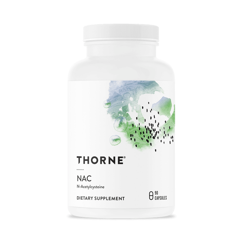 Thorne NAC (N-Acetylcysteine) 90 capsules bottle front with white label and green abstract design