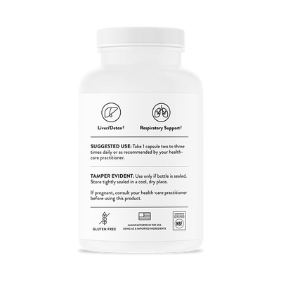 Back of Thorne NAC (N-Acetylcysteine) 90-capsule bottle showing liver and respiratory support icons and usage instructions