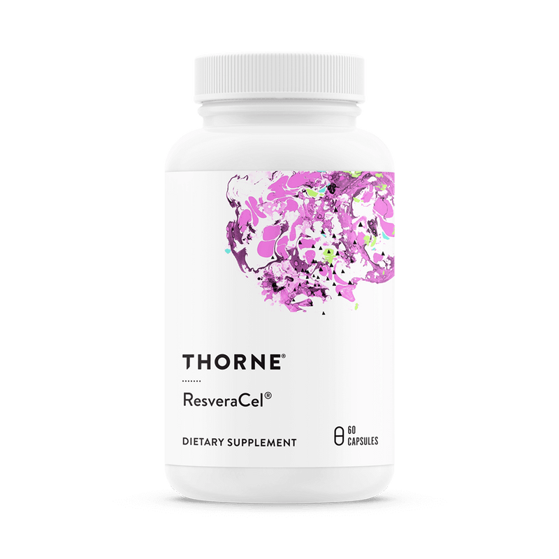 Thorne ResveraCel 60 Capsules bottle front with white label and pink abstract design