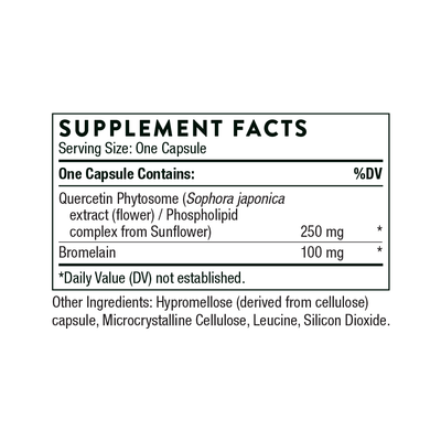 Thorne Quercetin Complex 60 Capsules supplement facts panel showing quercetin phytosome and bromelain per serving