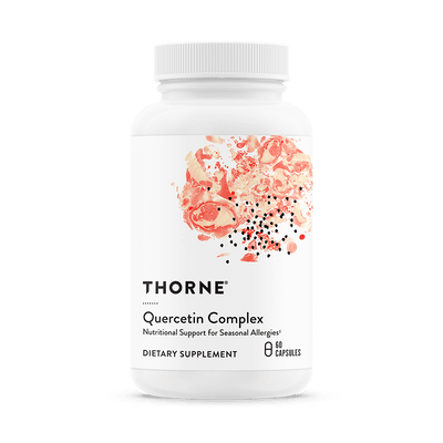 Thorne Quercetin Complex 60 capsules bottle front with white label and red abstract design