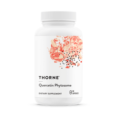 Thorne Quercetin Phytosome 60-capsule bottle front with white label and red abstract design