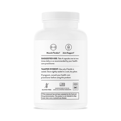 Thorne Joint Support Nutrients 240 capsules bottle back label with dosage, safety, and gluten-free icons visible