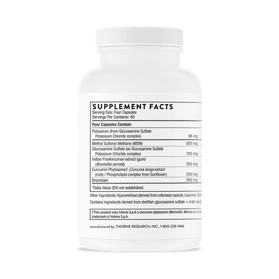 Thorne Joint Support Nutrients 240 capsules bottle back showing supplement facts and ingredient list on white label