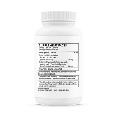 Thorne Berberine 60 Capsules bottle back showing supplement facts and ingredient list on white label