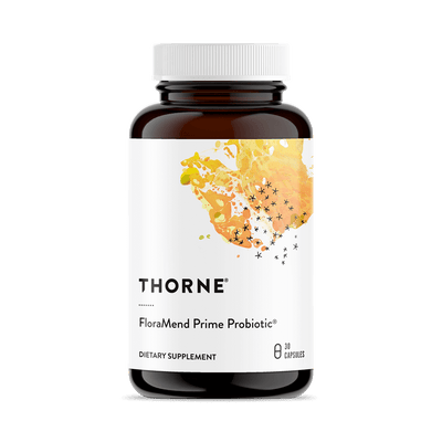 Thorne FloraMend Prime Probiotic 30-capsule bottle, brown with white label and yellow-orange abstract design on front