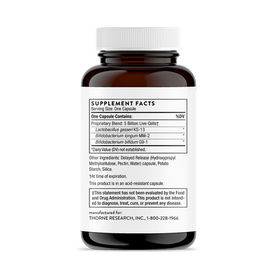 Thorne FloraMend Prime Probiotic 30 Capsules bottle back showing supplement facts and ingredients label on amber container